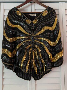 Vintage Swee Lo Hand-Beaded Silk Butterfly Cape Top
